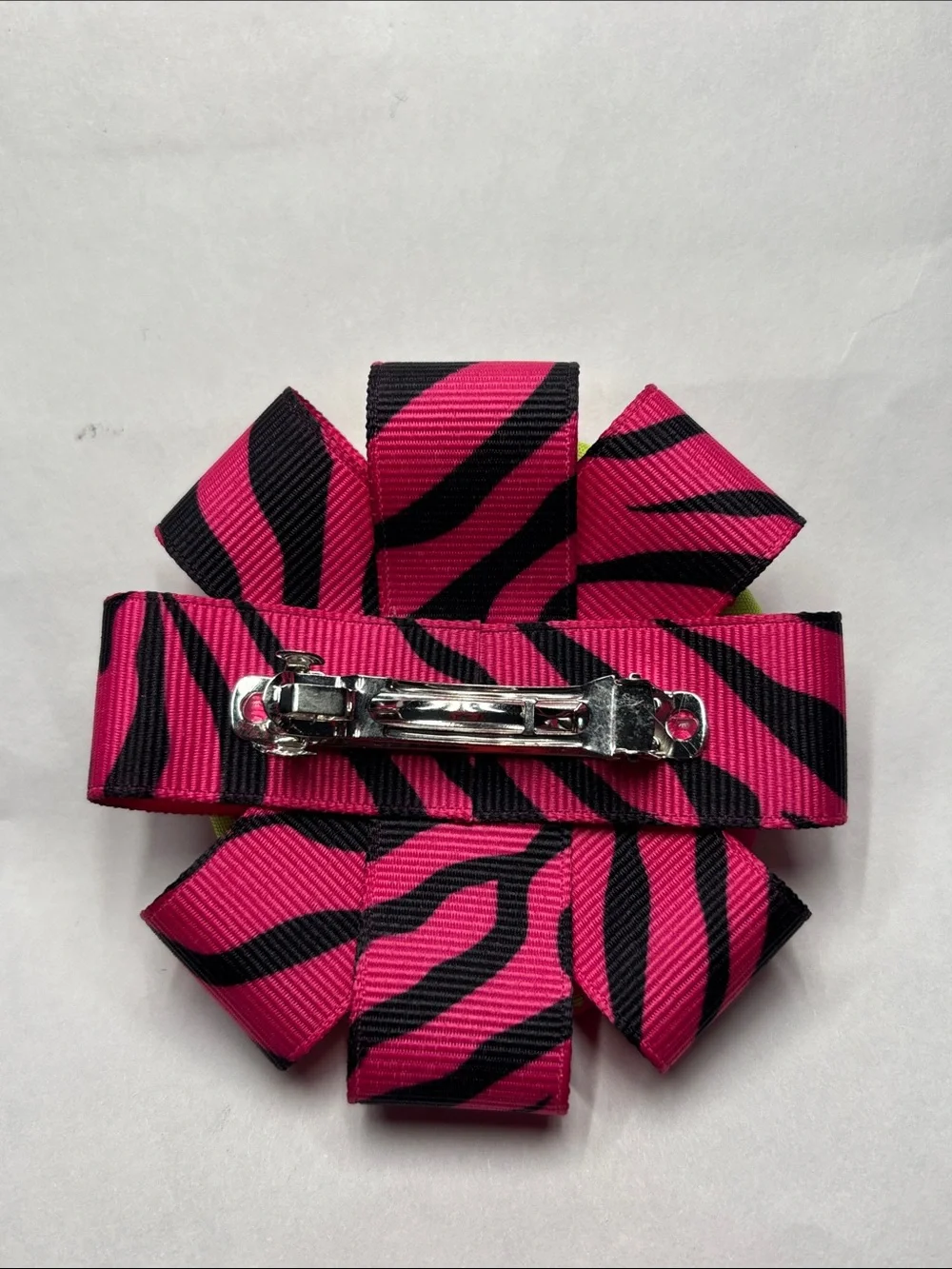 Handmade Floral Ribbon Hair Bow - Neon Green & Hot Pink